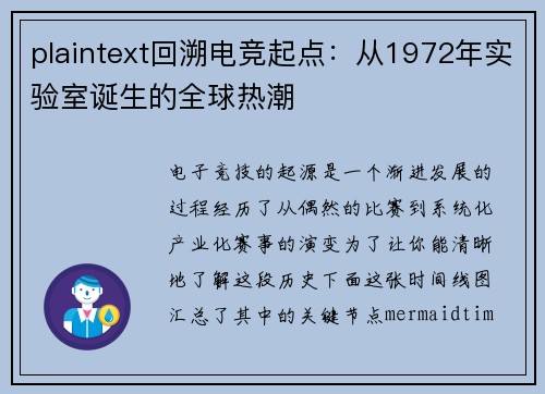 plaintext回溯电竞起点：从1972年实验室诞生的全球热潮
