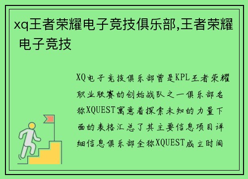 xq王者荣耀电子竞技俱乐部,王者荣耀 电子竞技